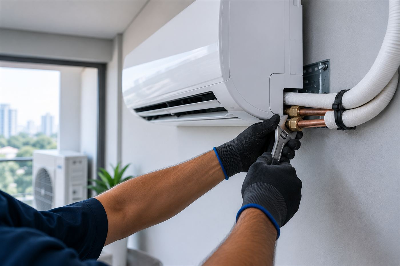 Técnico instalando ar-condicionado, ajustando conexões hidráulicas